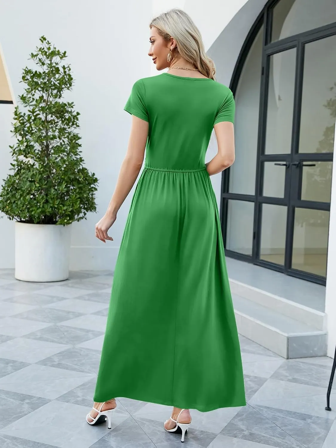 ANRILITA Maxi Dress for Women Wrap V Neck Short Sleeve Empire Pleated Waist Summer Casual Elegant Long Dresses with Pockets