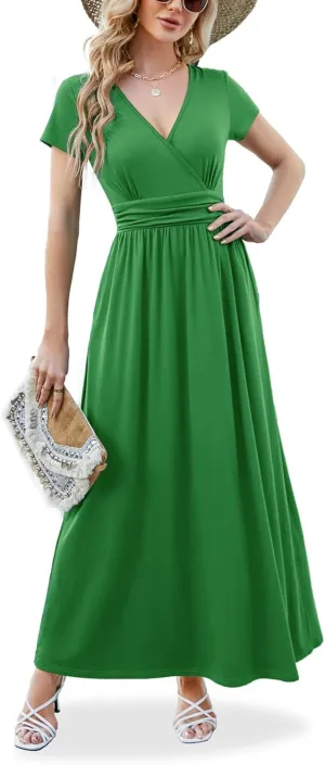 ANRILITA Maxi Dress for Women Wrap V Neck Short Sleeve Empire Pleated Waist Summer Casual Elegant Long Dresses with Pockets