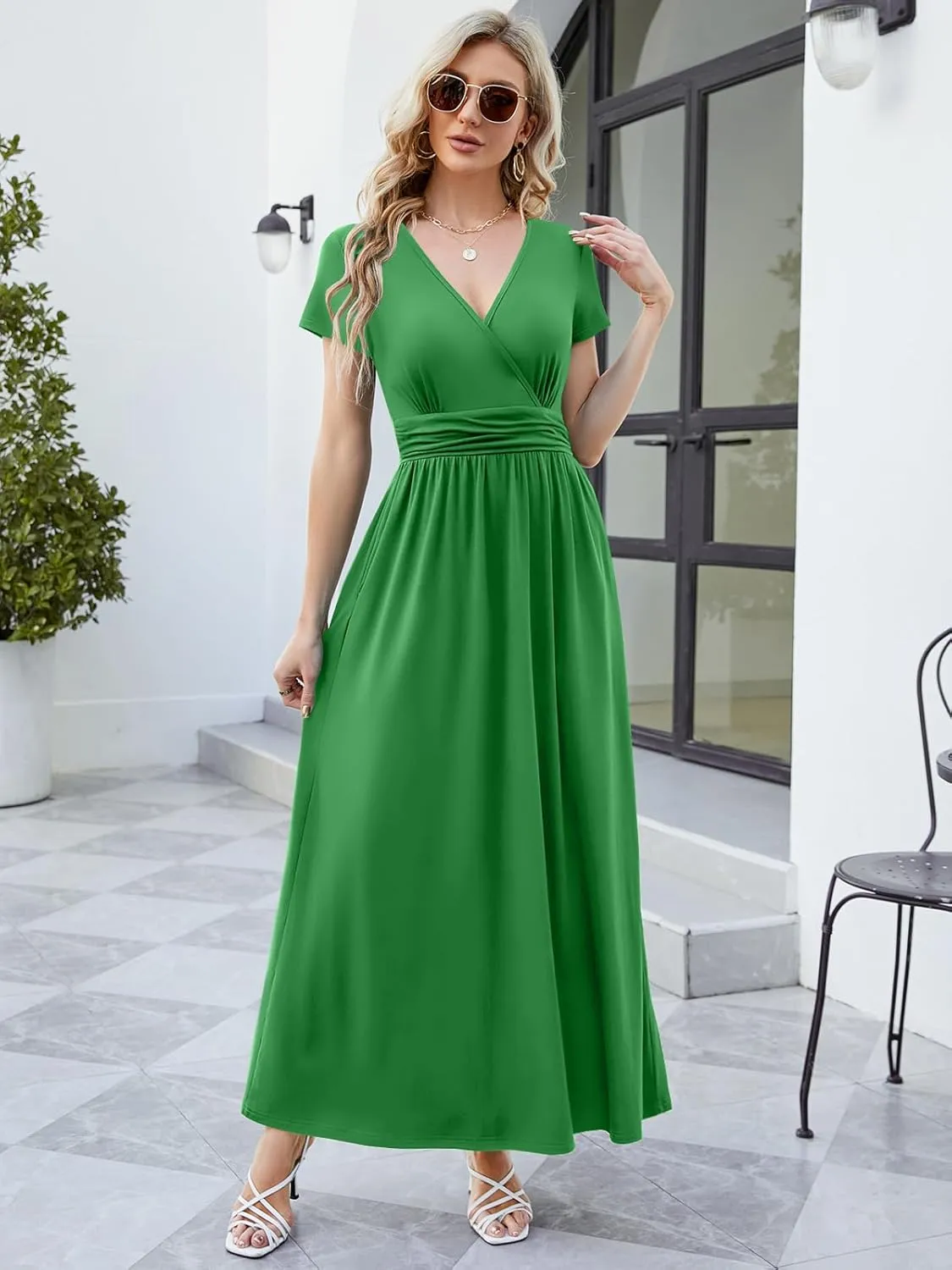 ANRILITA Maxi Dress for Women Wrap V Neck Short Sleeve Empire Pleated Waist Summer Casual Elegant Long Dresses with Pockets