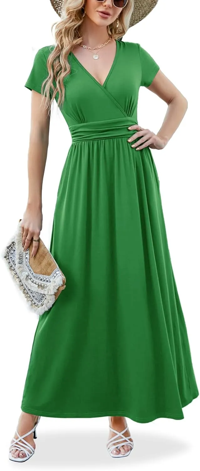ANRILITA Maxi Dress for Women Wrap V Neck Short Sleeve Empire Pleated Waist Summer Casual Elegant Long Dresses with Pockets