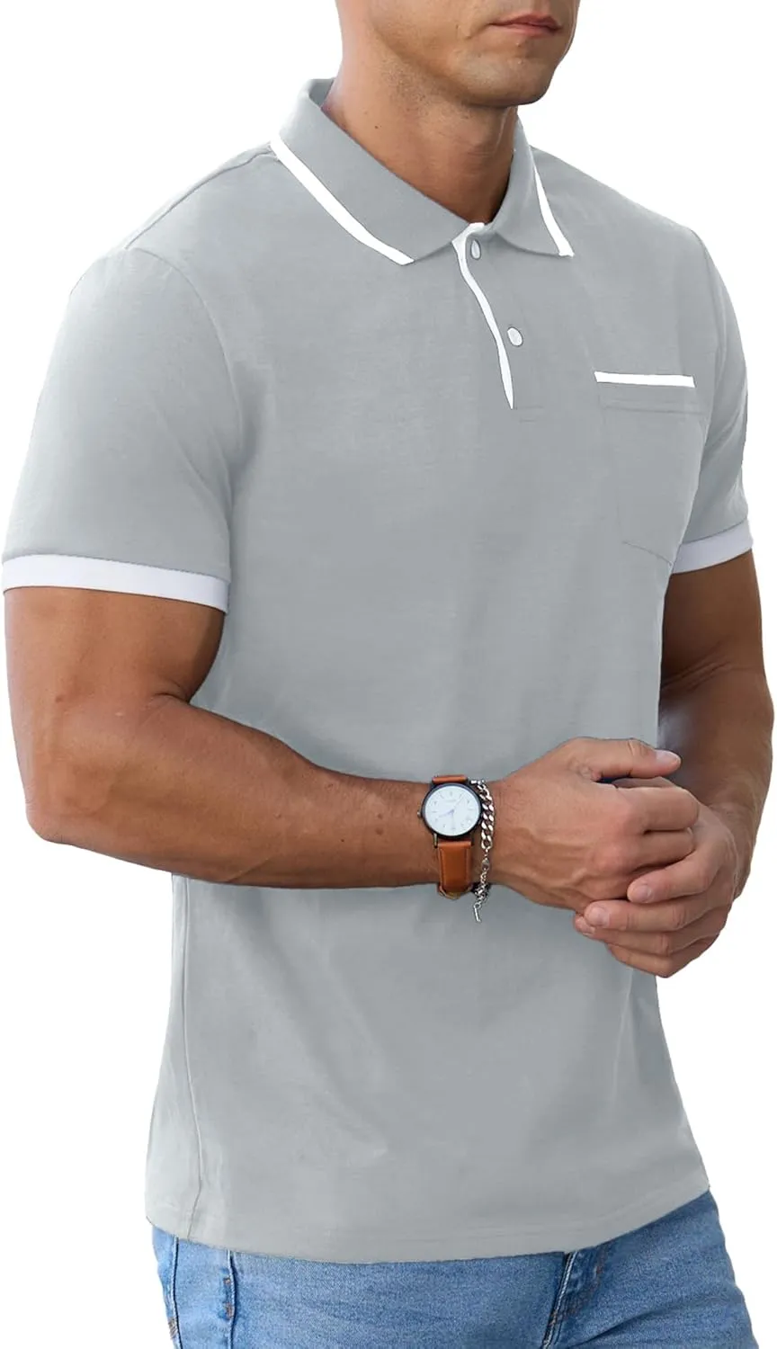 Askdeer Men's Polo Shirts Cotton Short Sleeve Polo T Shirt Classic Casual Golf Collar Tee with Pocket