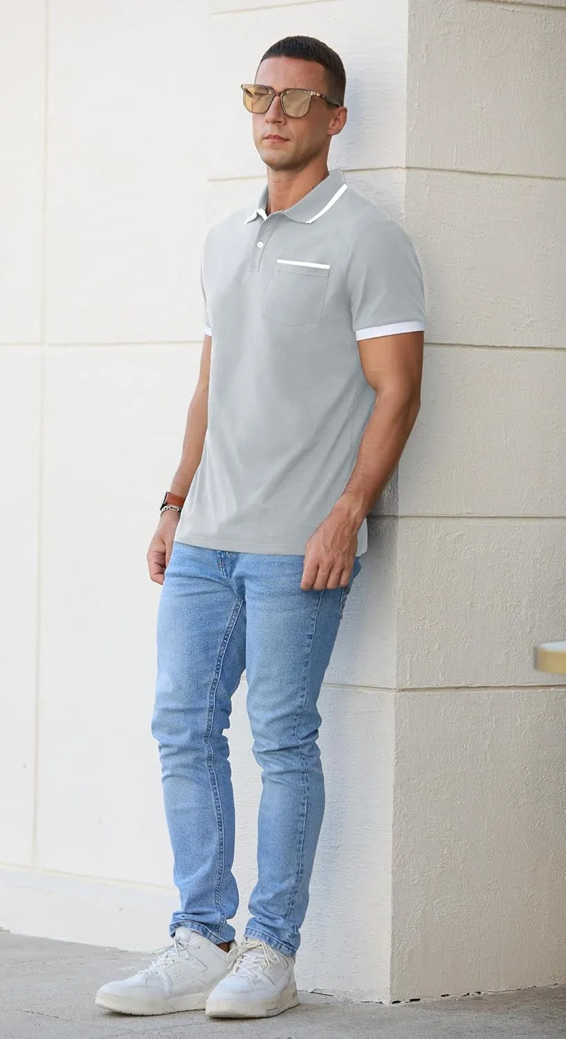 Askdeer Men's Polo Shirts Cotton Short Sleeve Polo T Shirt Classic Casual Golf Collar Tee with Pocket