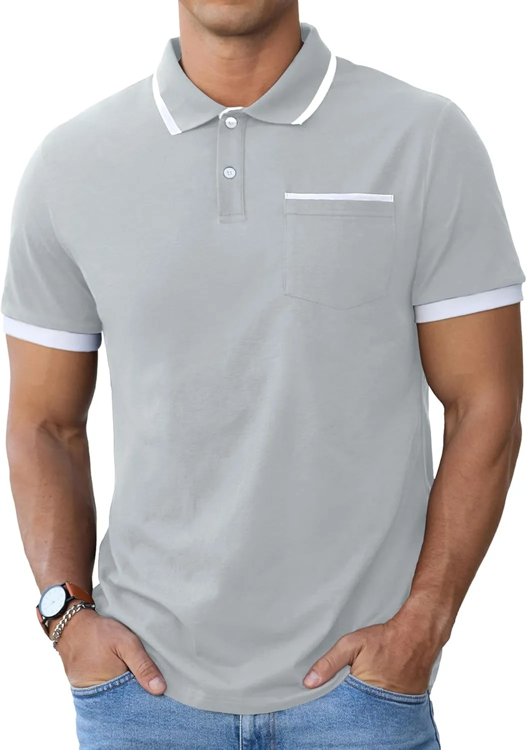 Askdeer Men's Polo Shirts Cotton Short Sleeve Polo T Shirt Classic Casual Golf Collar Tee with Pocket