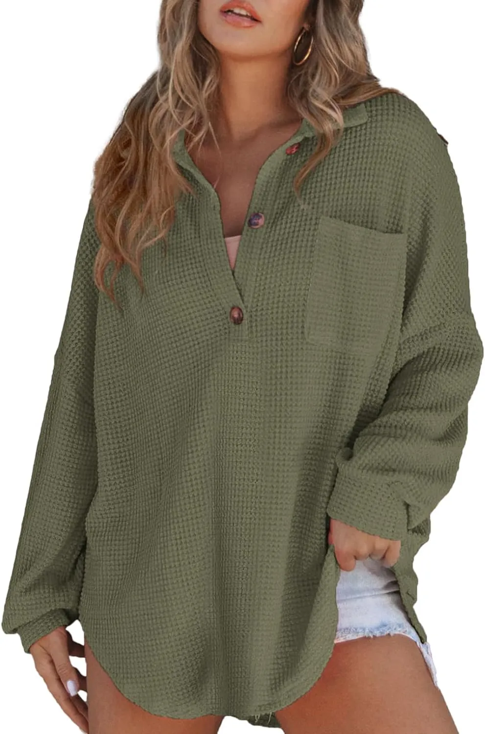 Astylish Women Waffle Knit Tops Henley Shirts Long Sleeve V Neck Solid Color Casual Tunic