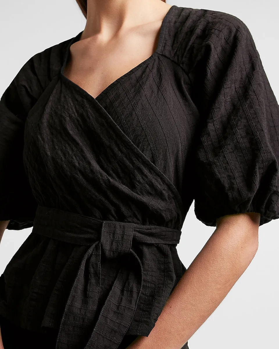 Belted Puff Sleeve Wrap Front Top in Pitch Black