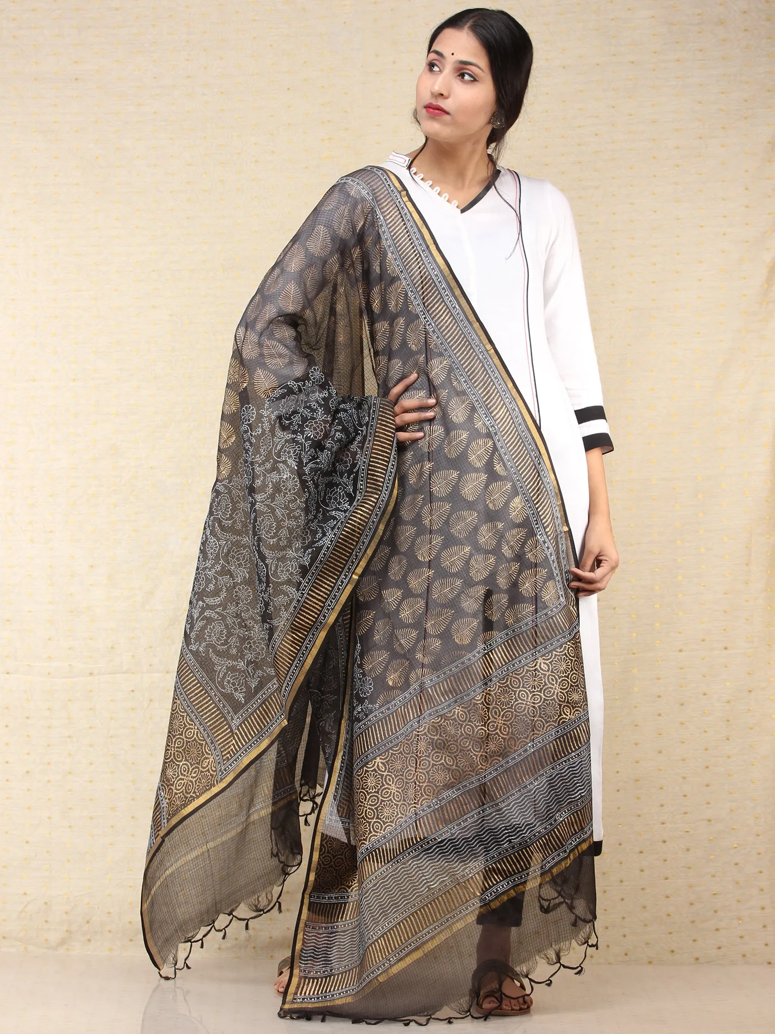 Black Indigo Kota Silk Hand Block Printed Dupatta - D04170769