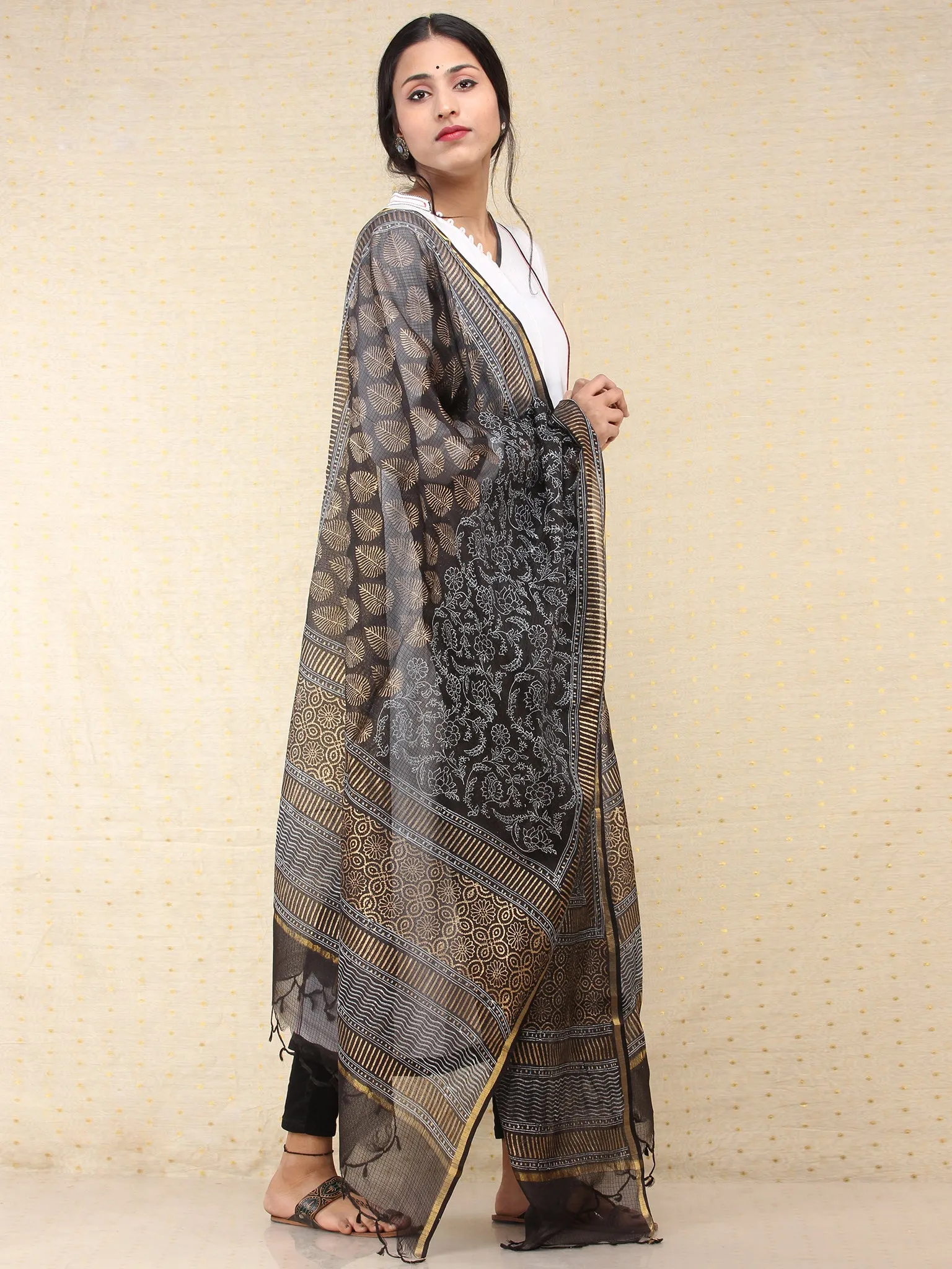 Black Indigo Kota Silk Hand Block Printed Dupatta - D04170769