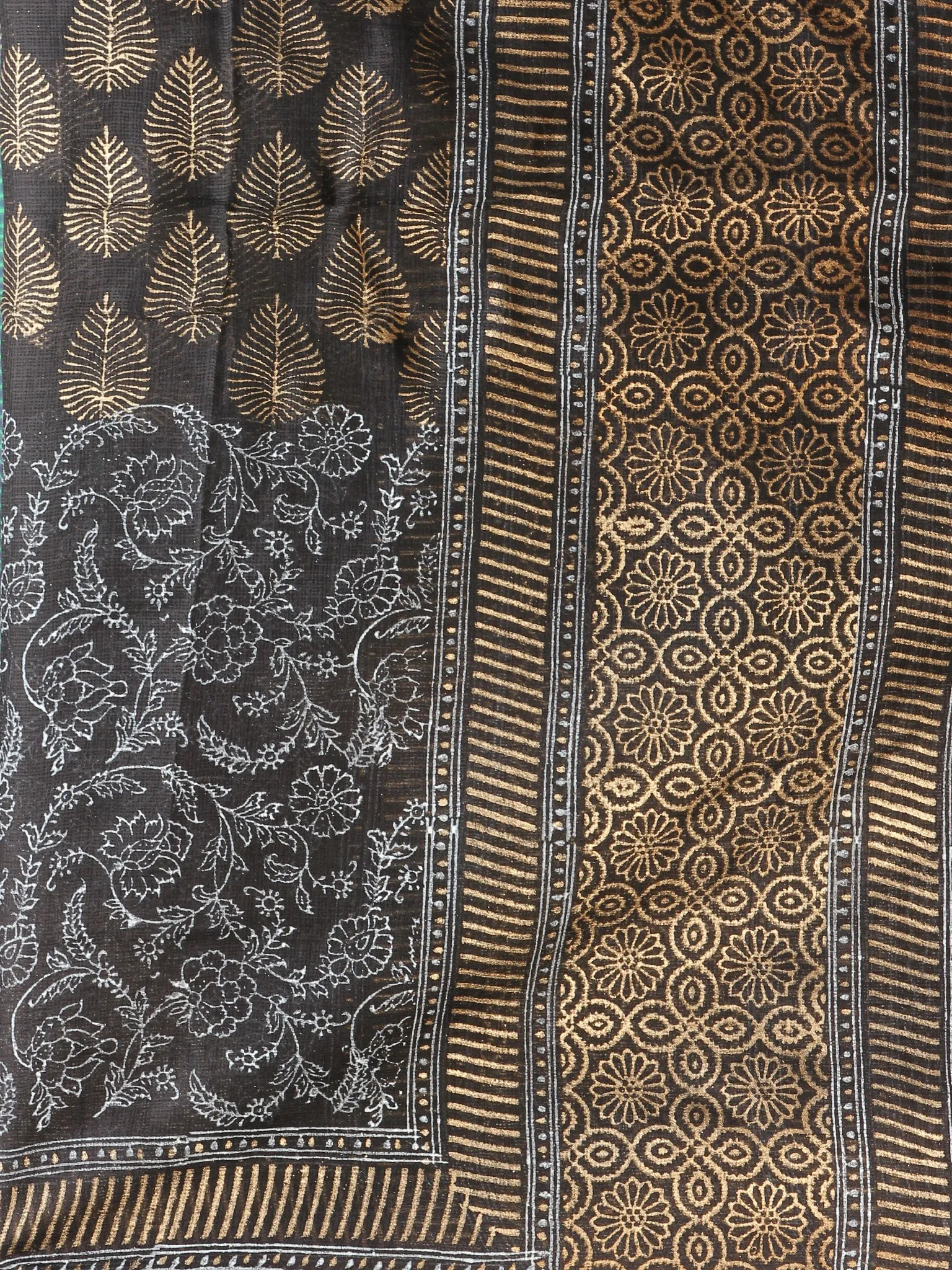 Black Indigo Kota Silk Hand Block Printed Dupatta - D04170769