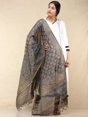 Black Indigo Kota Silk Hand Block Printed Dupatta - D04170769