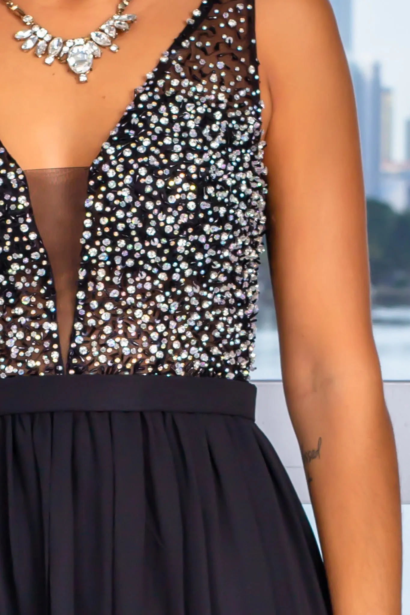 Black Sequin Top Maxi Dress with Side Slit