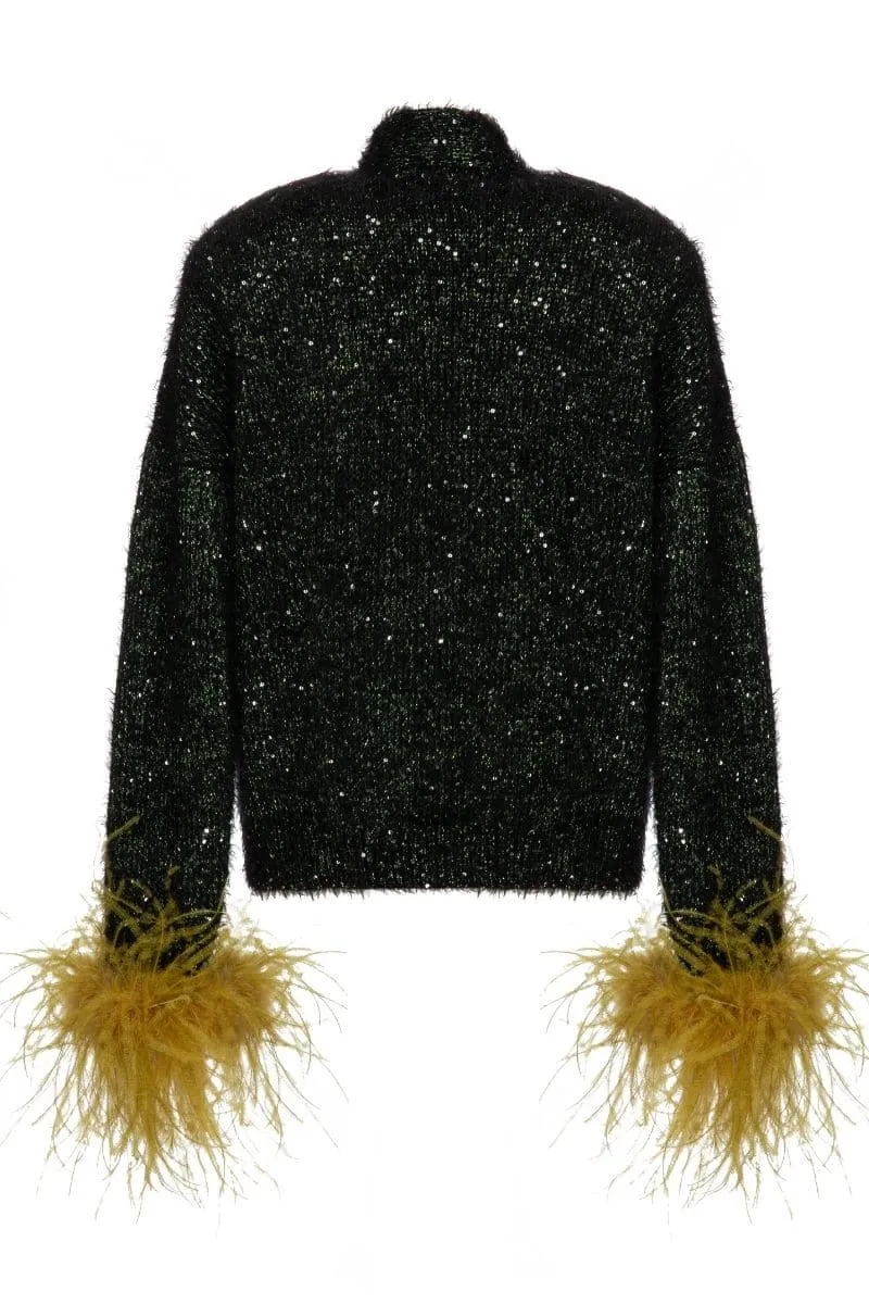 BLACK WOOL-BLEND CARDIGAN WITH MUSTARD FEATHER-DETAILING