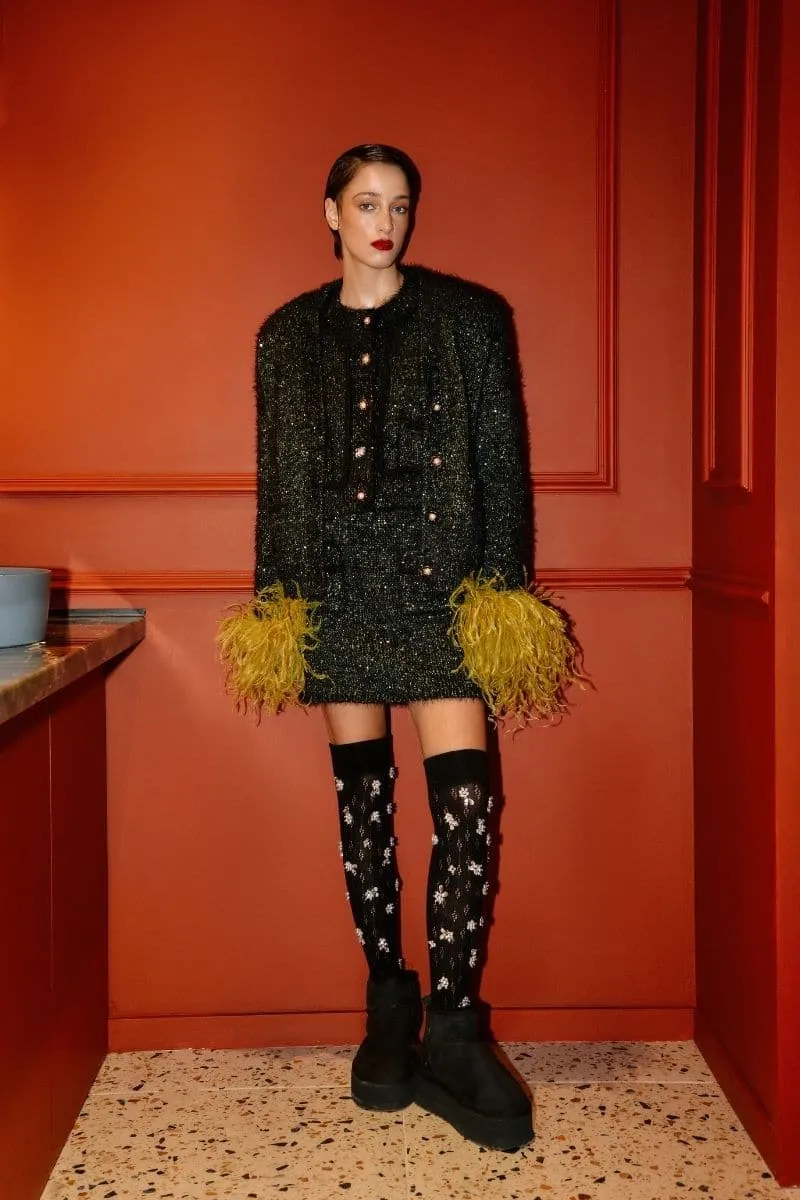 BLACK WOOL-BLEND CARDIGAN WITH MUSTARD FEATHER-DETAILING