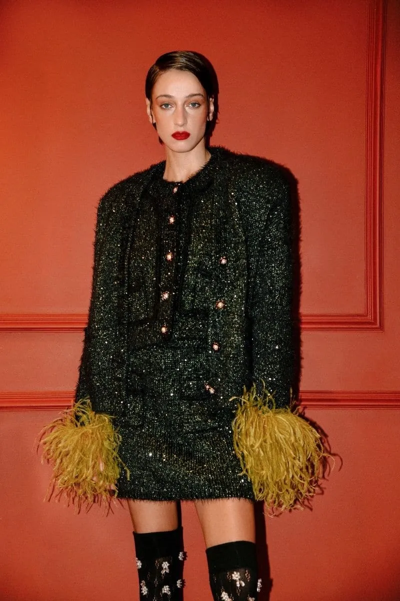 BLACK WOOL-BLEND CARDIGAN WITH MUSTARD FEATHER-DETAILING