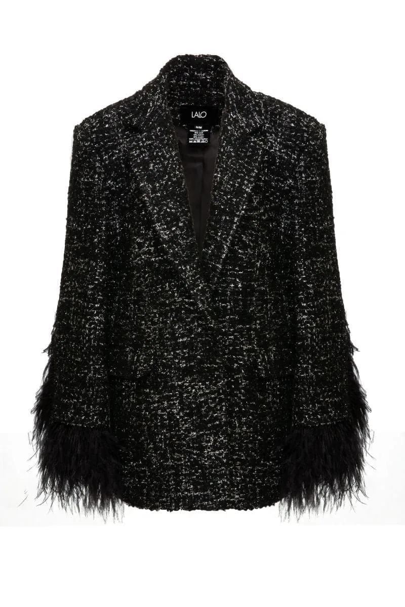 BLACK WOOL-BLEND JACKET WITH FEATHER-DETAILING