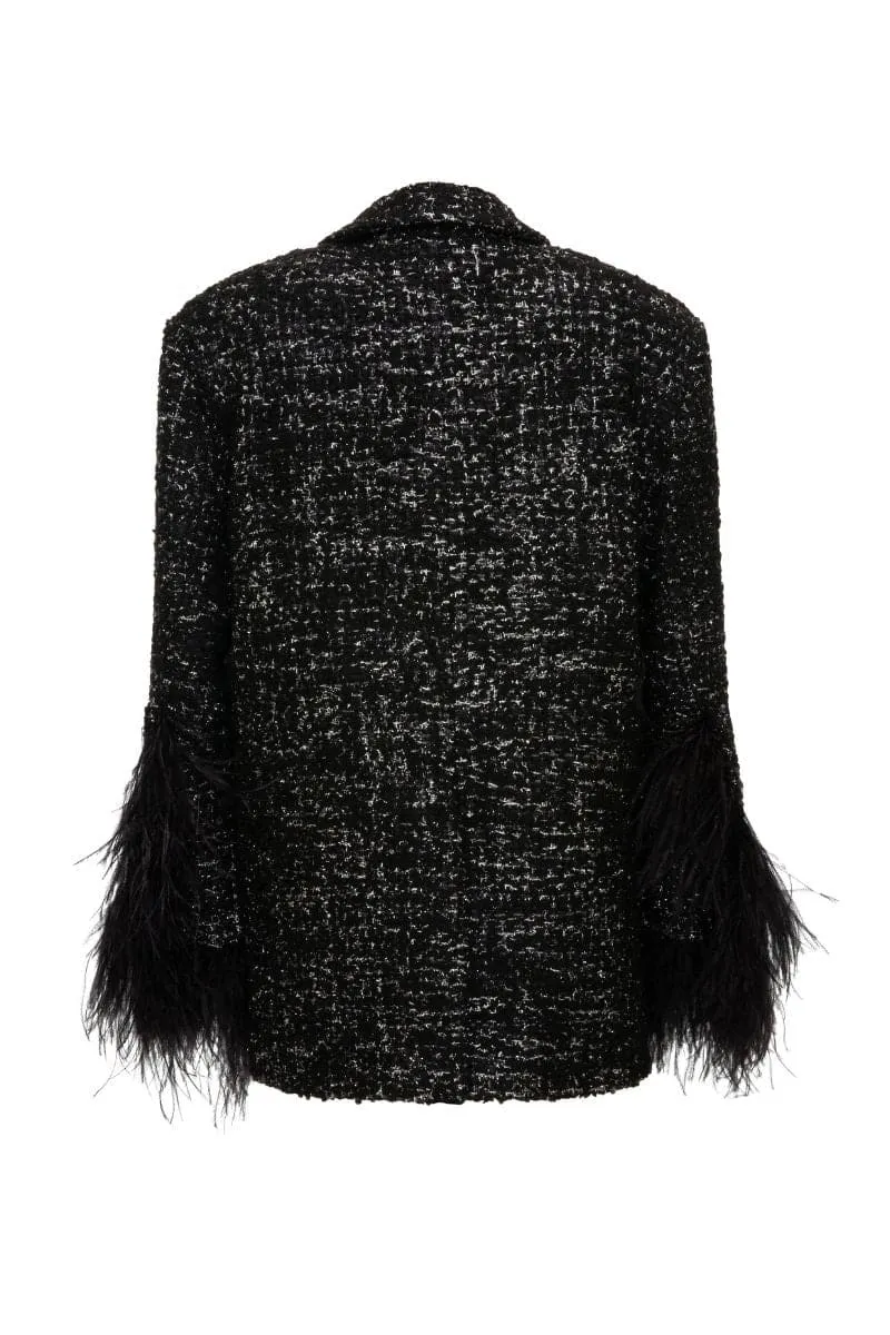 BLACK WOOL-BLEND JACKET WITH FEATHER-DETAILING