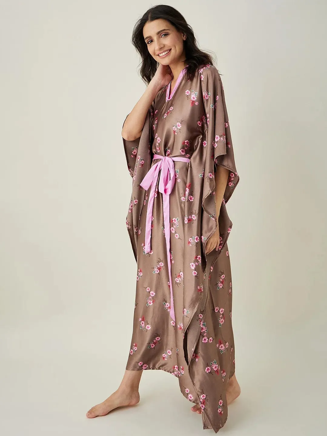 Brown Floral Printed Loungewear Kaftan