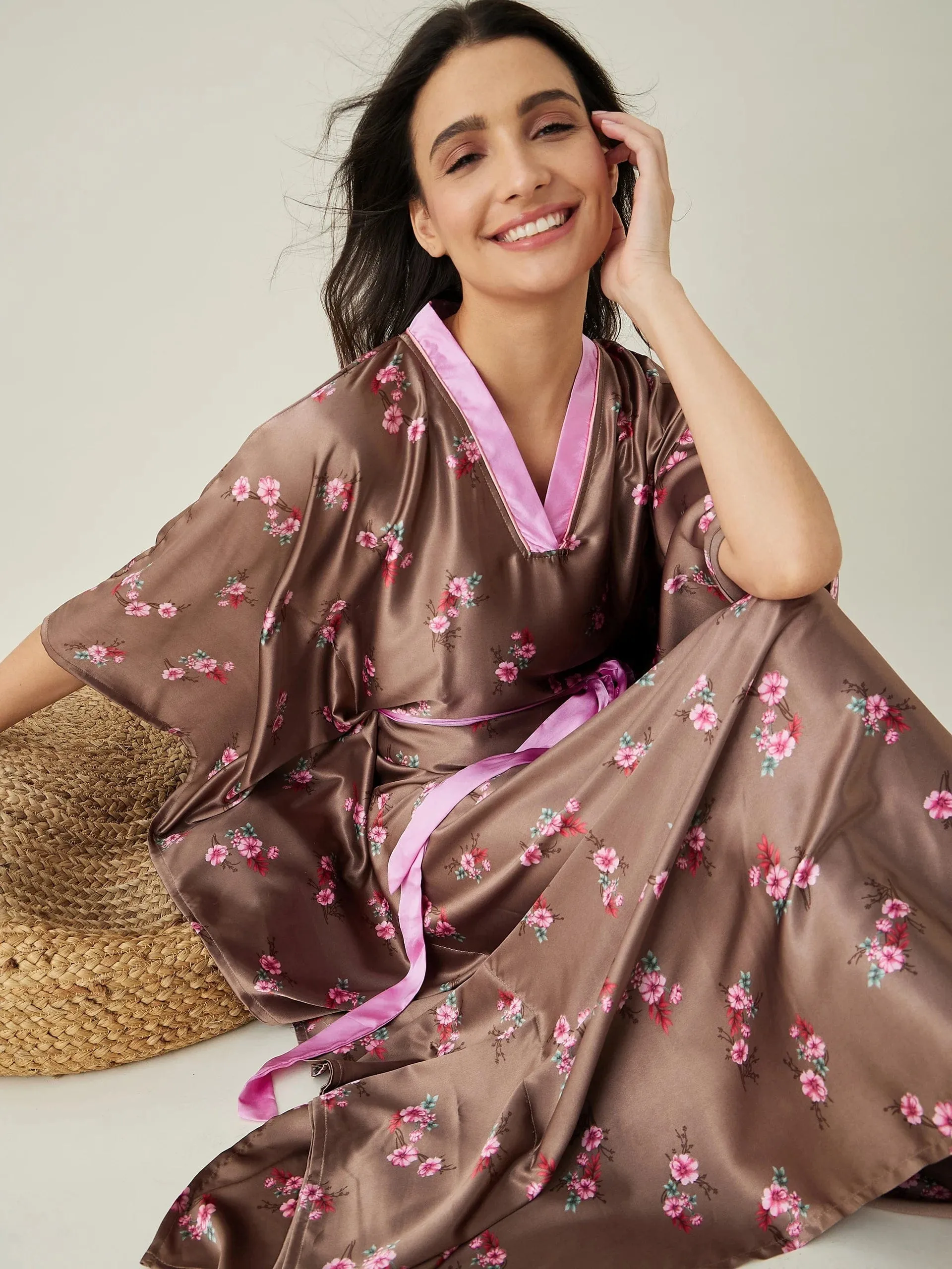 Brown Floral Printed Loungewear Kaftan