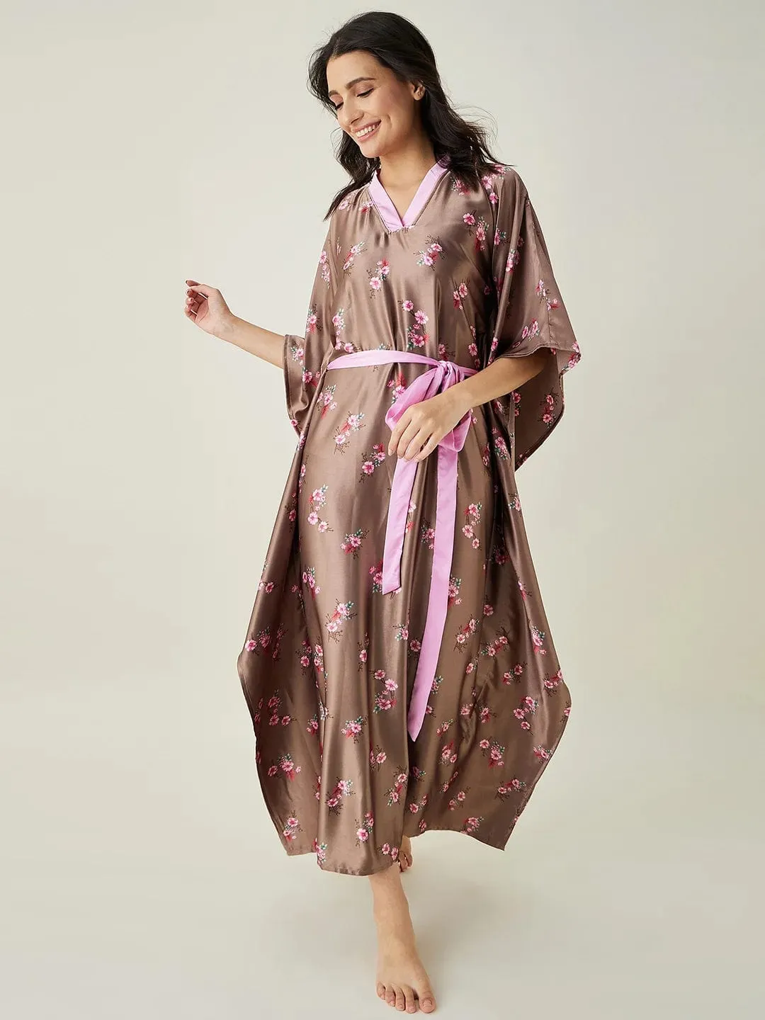 Brown Floral Printed Loungewear Kaftan