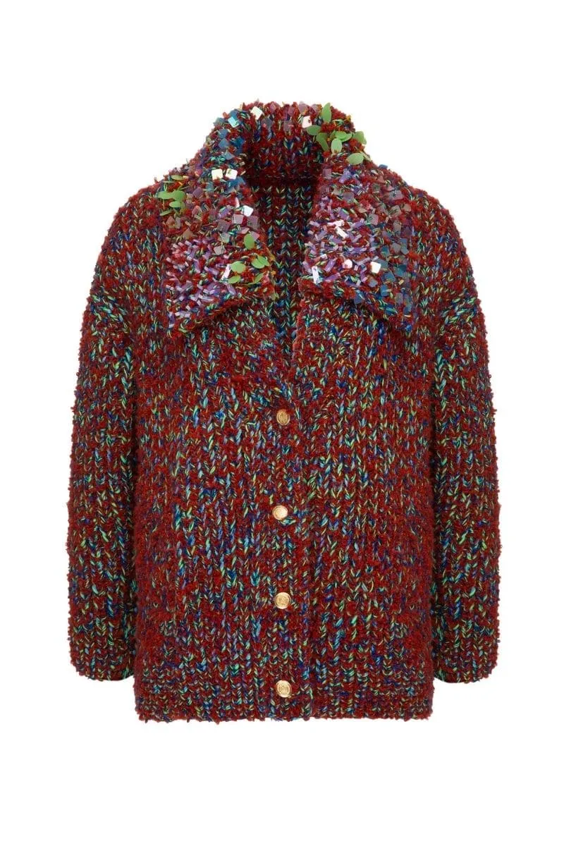BROWN WOOL-BLEND CARDIGAN WITH COLLAR DETAILING