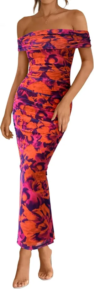 BTFBM Off Shoulder Bodycon Dresses for Women 2025 Summer Ruched Split Mesh Cocktail Party Club Floral Maxi Dress