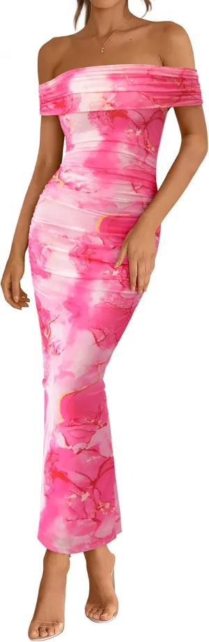 BTFBM Off Shoulder Bodycon Dresses for Women 2025 Summer Ruched Split Mesh Cocktail Party Club Floral Maxi Dress