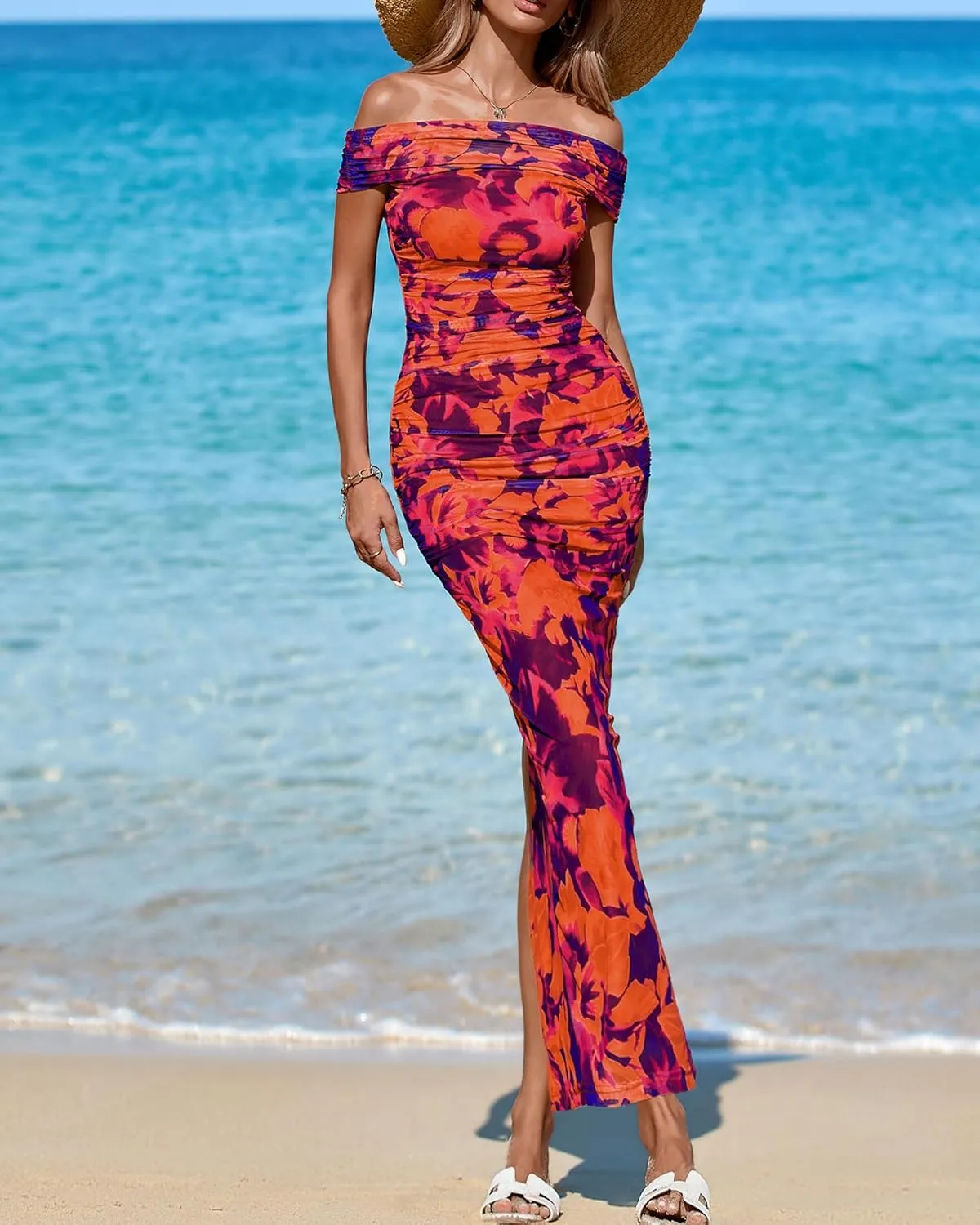 BTFBM Off Shoulder Bodycon Dresses for Women 2025 Summer Ruched Split Mesh Cocktail Party Club Floral Maxi Dress