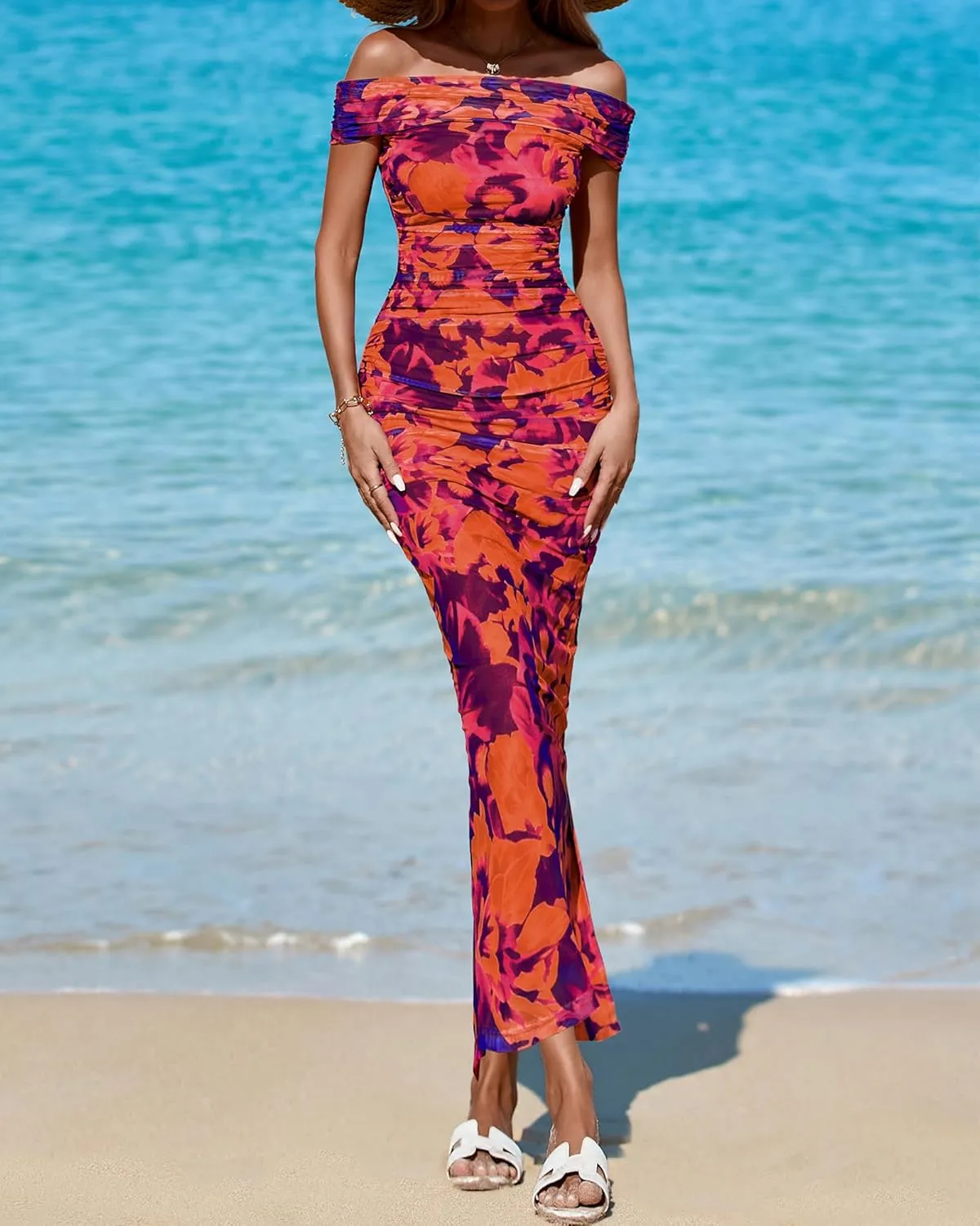 BTFBM Off Shoulder Bodycon Dresses for Women 2025 Summer Ruched Split Mesh Cocktail Party Club Floral Maxi Dress