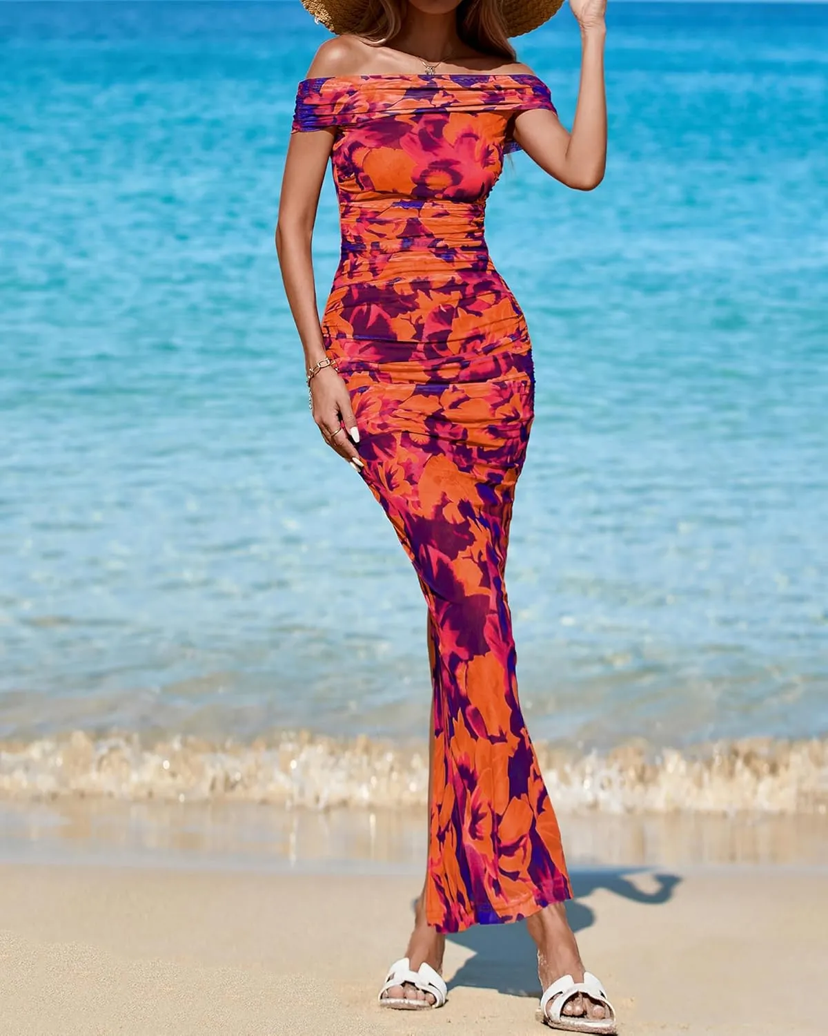 BTFBM Off Shoulder Bodycon Dresses for Women 2025 Summer Ruched Split Mesh Cocktail Party Club Floral Maxi Dress