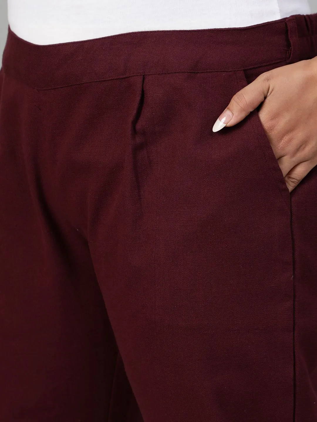 Burgundy Plus Size Ethnic Wear Cotton Slub Pants