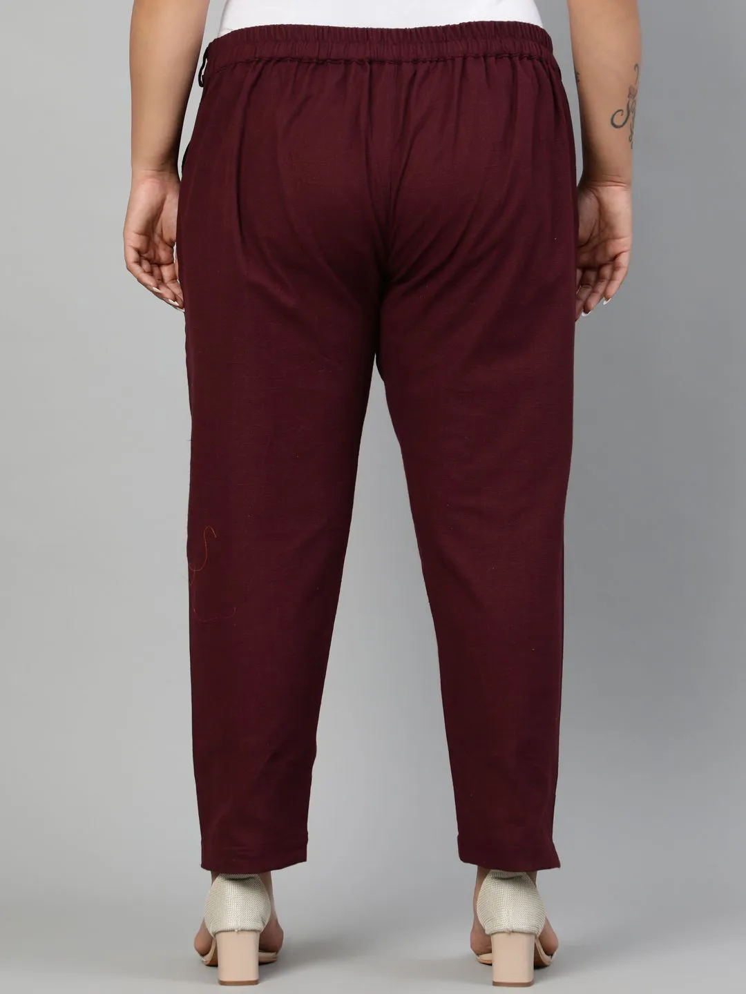 Burgundy Plus Size Ethnic Wear Cotton Slub Pants