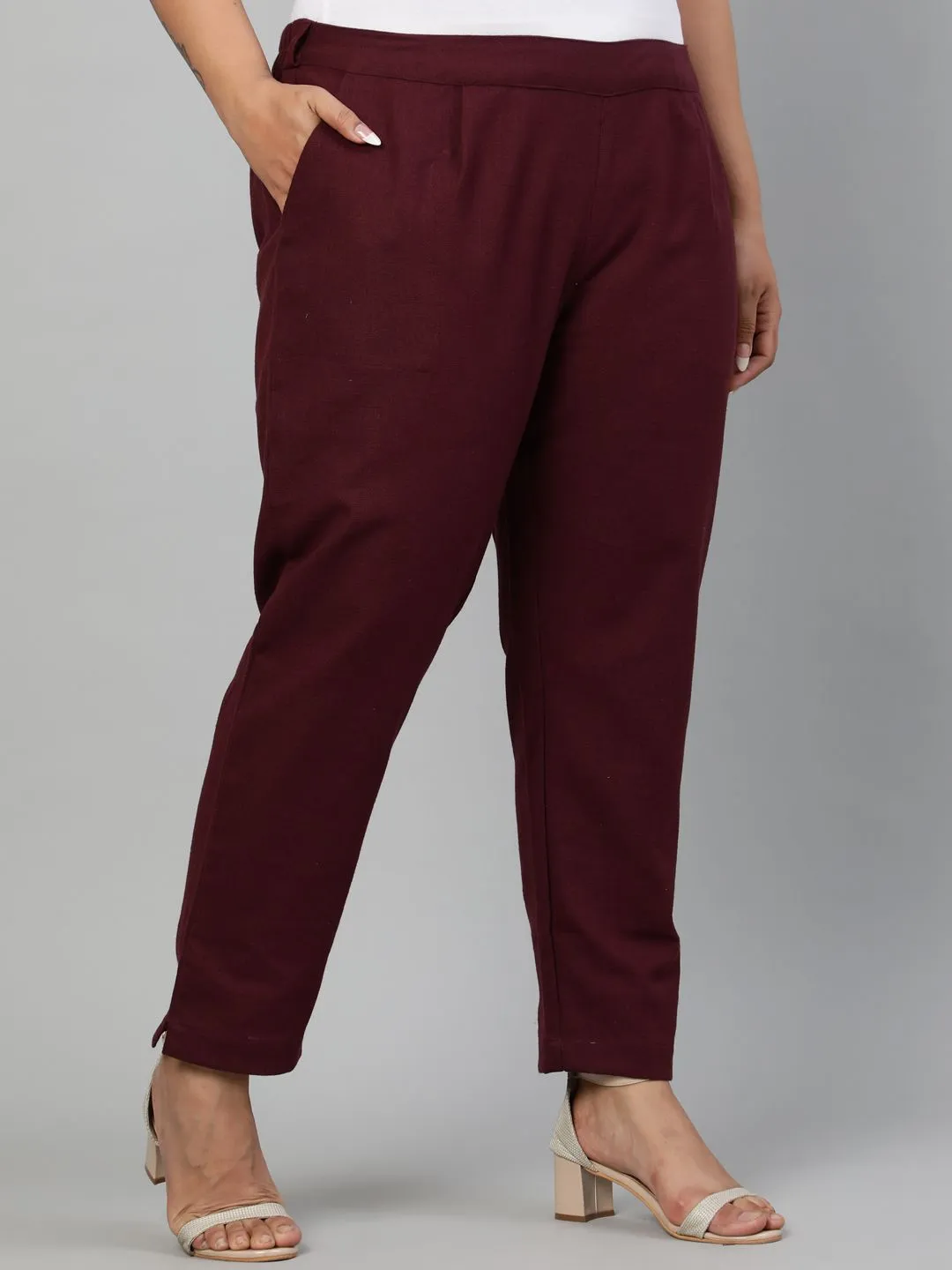 Burgundy Plus Size Ethnic Wear Cotton Slub Pants