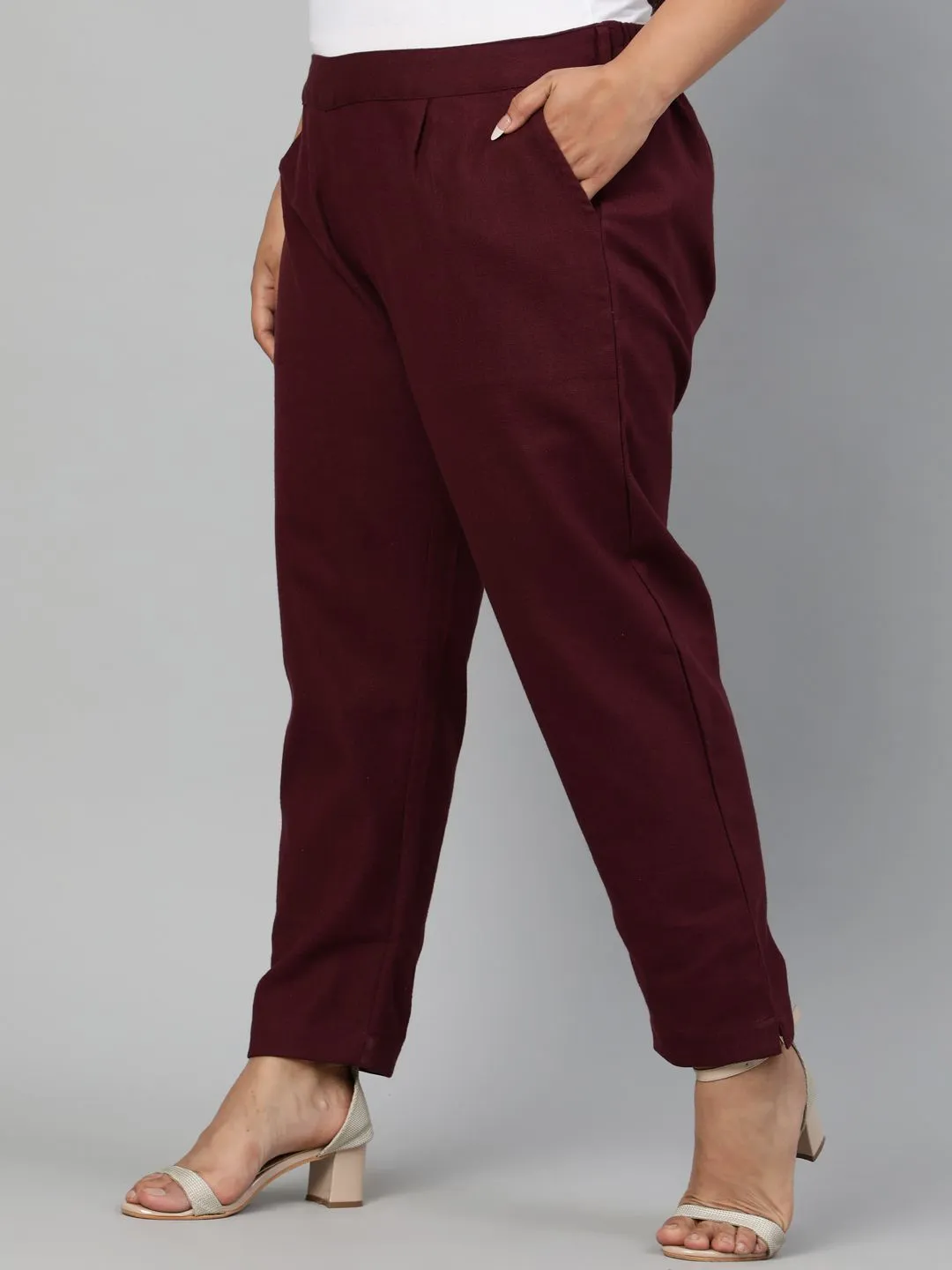 Burgundy Plus Size Ethnic Wear Cotton Slub Pants