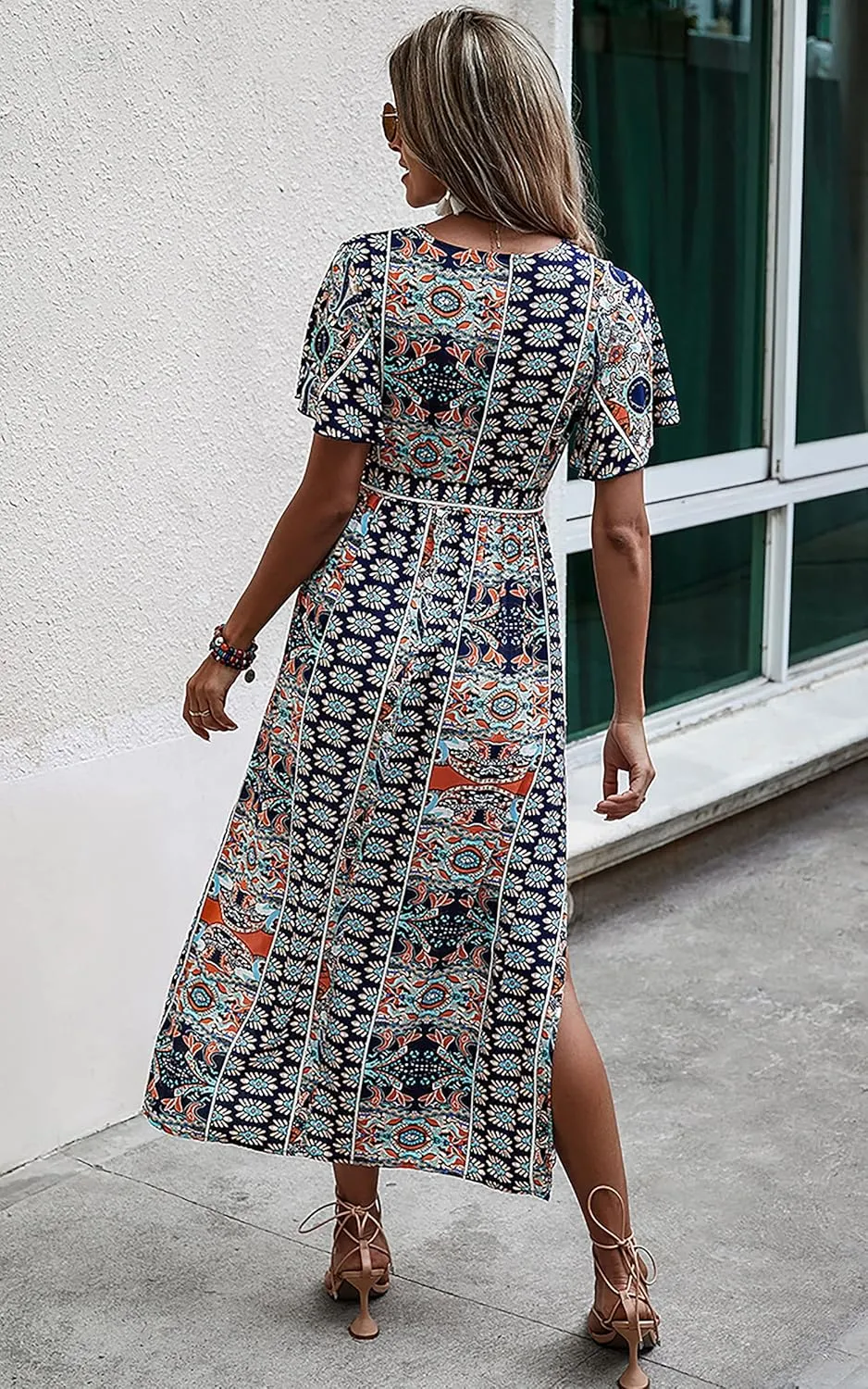 CCTOO Women's Summer Maxi Dress Casual Boho Floral Wrap V Neck Short Sleeve Ruffle Split Flowy Long Beach Dresses with Belt