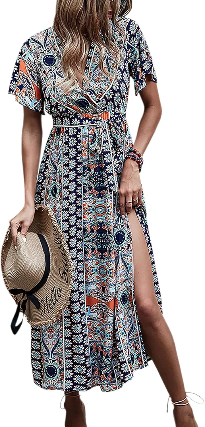 CCTOO Women's Summer Maxi Dress Casual Boho Floral Wrap V Neck Short Sleeve Ruffle Split Flowy Long Beach Dresses with Belt