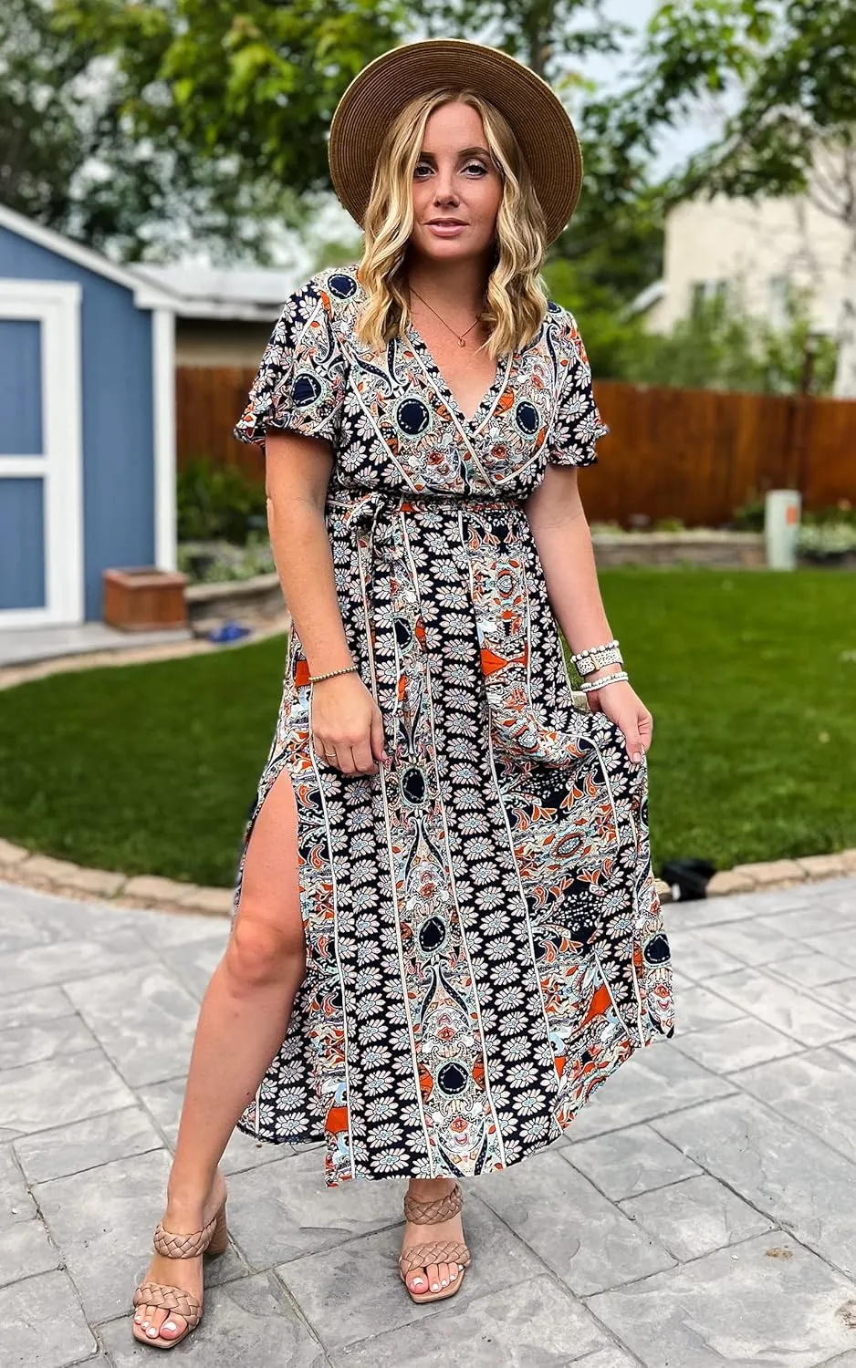 CCTOO Women's Summer Maxi Dress Casual Boho Floral Wrap V Neck Short Sleeve Ruffle Split Flowy Long Beach Dresses with Belt