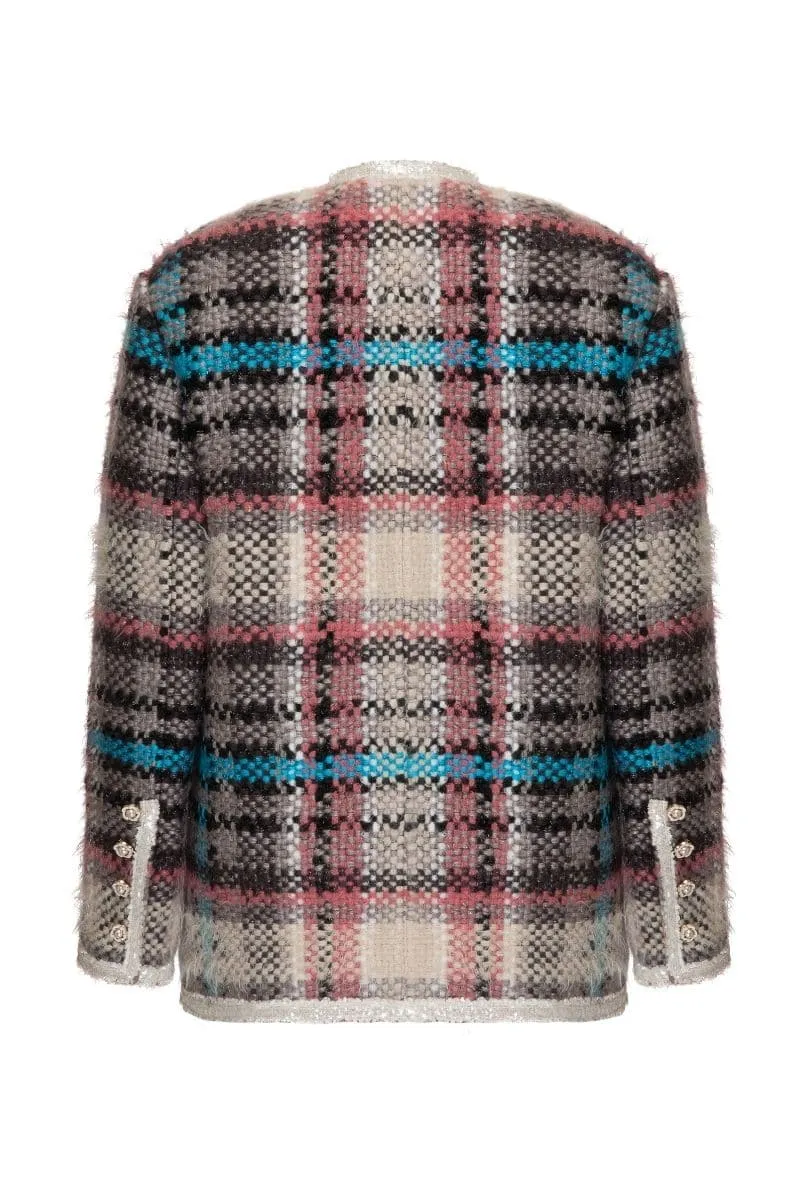 CHECKERED PINK AND BLUE WOOL-BLEND JACKET