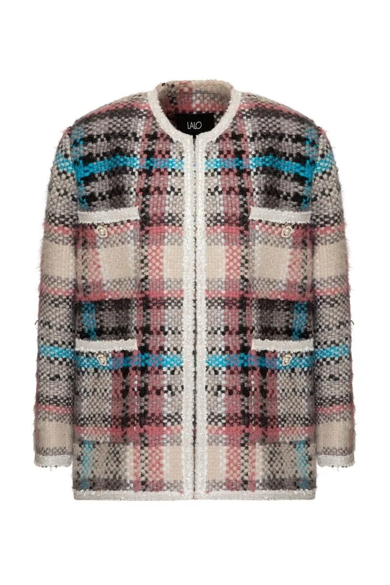 CHECKERED PINK AND BLUE WOOL-BLEND JACKET