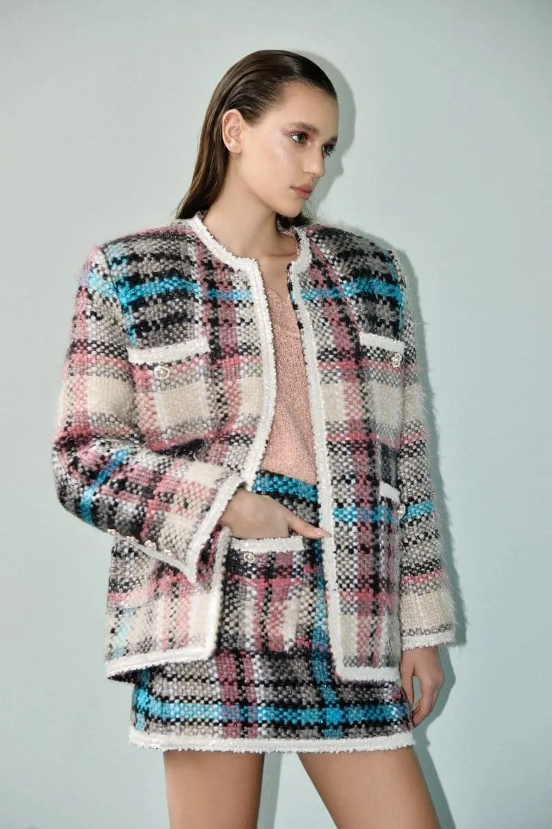 CHECKERED PINK AND BLUE WOOL-BLEND JACKET