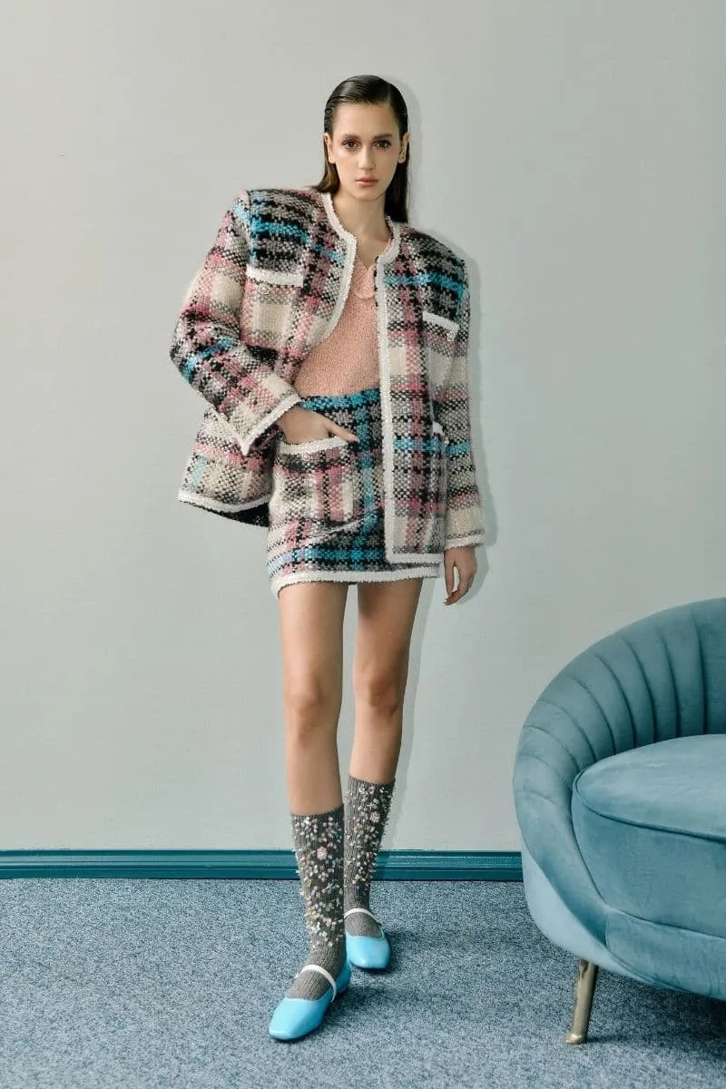 CHECKERED PINK AND BLUE WOOL-BLEND JACKET