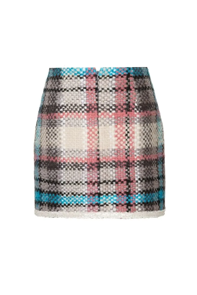 CHECKERED PINK AND BLUE WOOL-BLEND MINI SKIRT