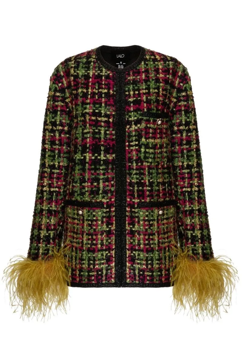 CHECKERED RED WOOL-BLEND JACKET WITH FEATHER-DETAILING