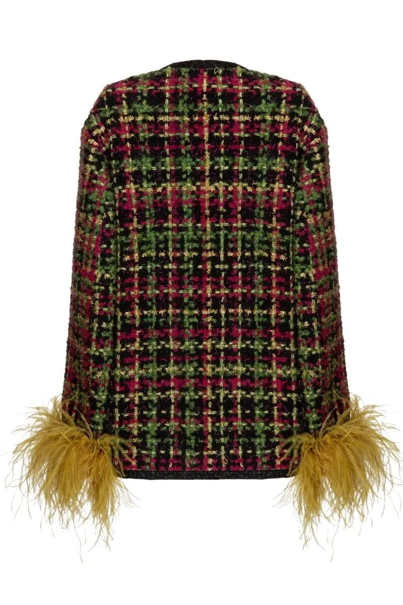CHECKERED RED WOOL-BLEND JACKET WITH FEATHER-DETAILING