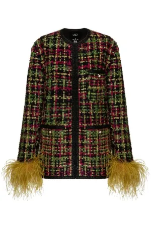 CHECKERED RED WOOL-BLEND JACKET WITH FEATHER-DETAILING