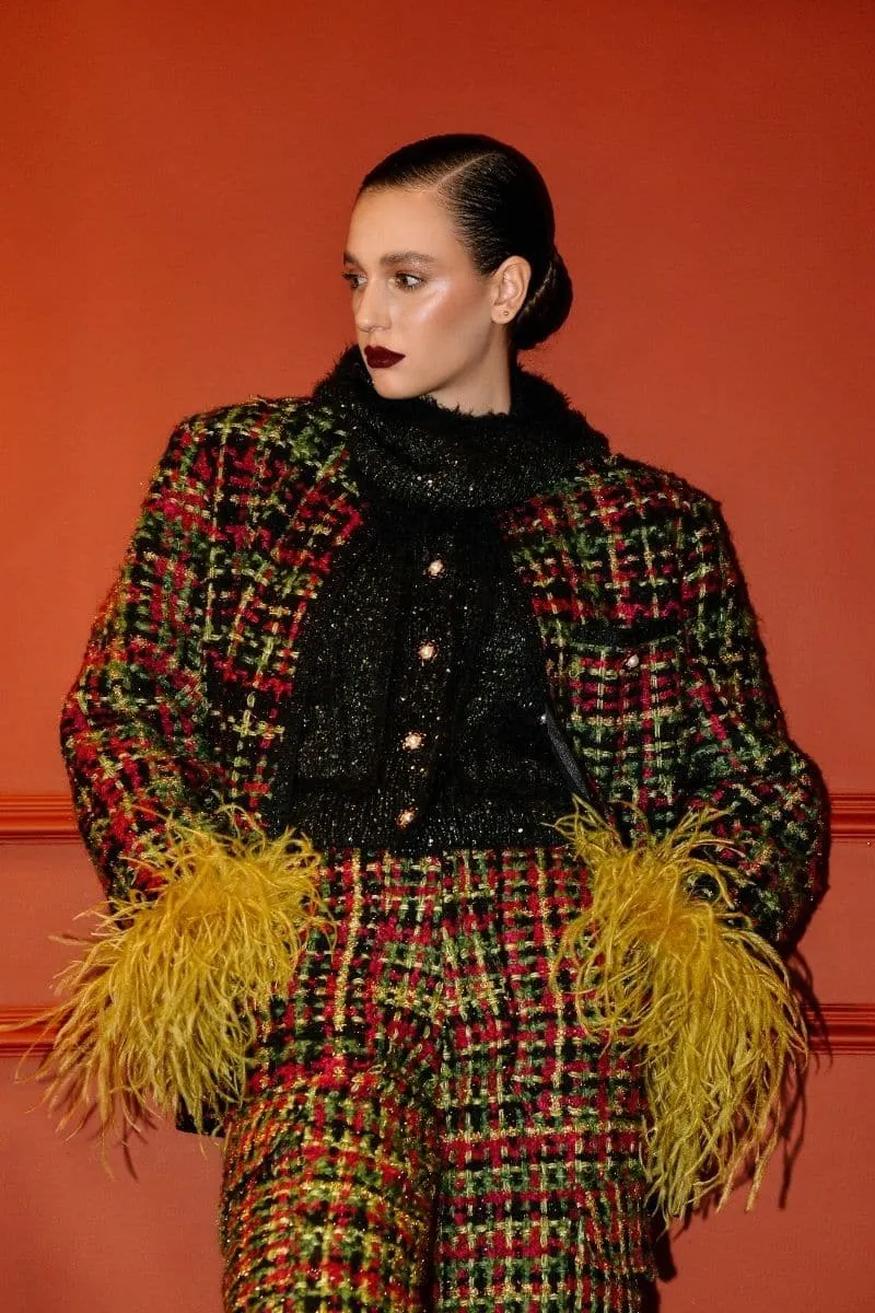 CHECKERED RED WOOL-BLEND JACKET WITH FEATHER-DETAILING