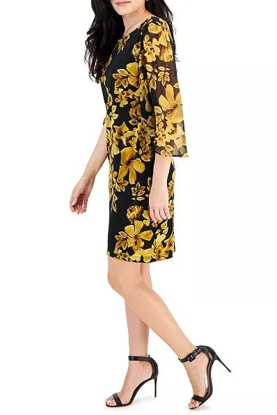 Connected Apparel boat neck slit 3/4 chiffon sleeve multi print matte jersey dress