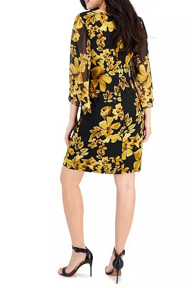 Connected Apparel boat neck slit 3/4 chiffon sleeve multi print matte jersey dress