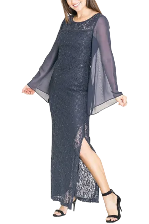 Connected Apparel Scoop Neck Chiffon Long Sleeve Slit Side Sequined Lace Dress