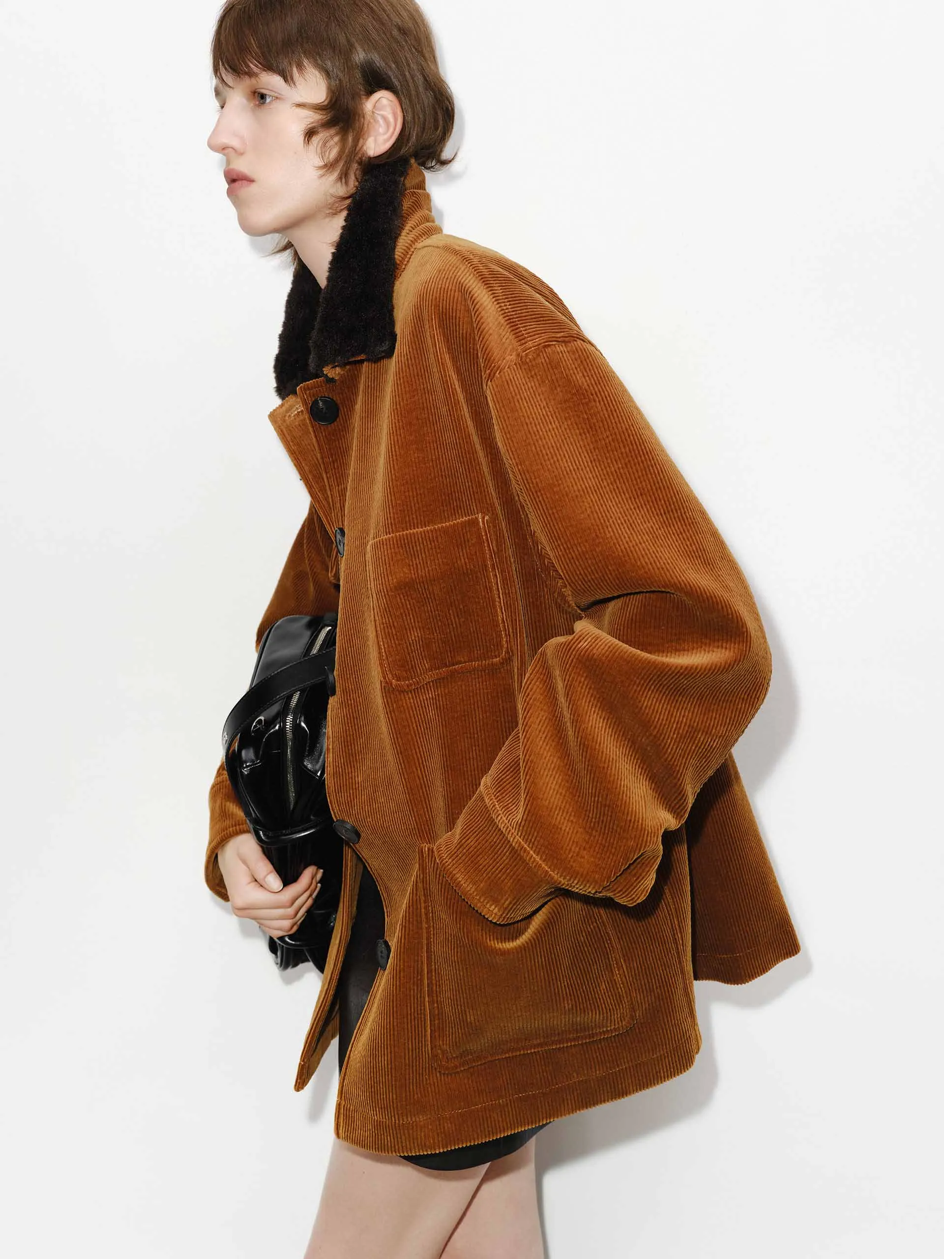 Contrast Collar Corduroy Coat