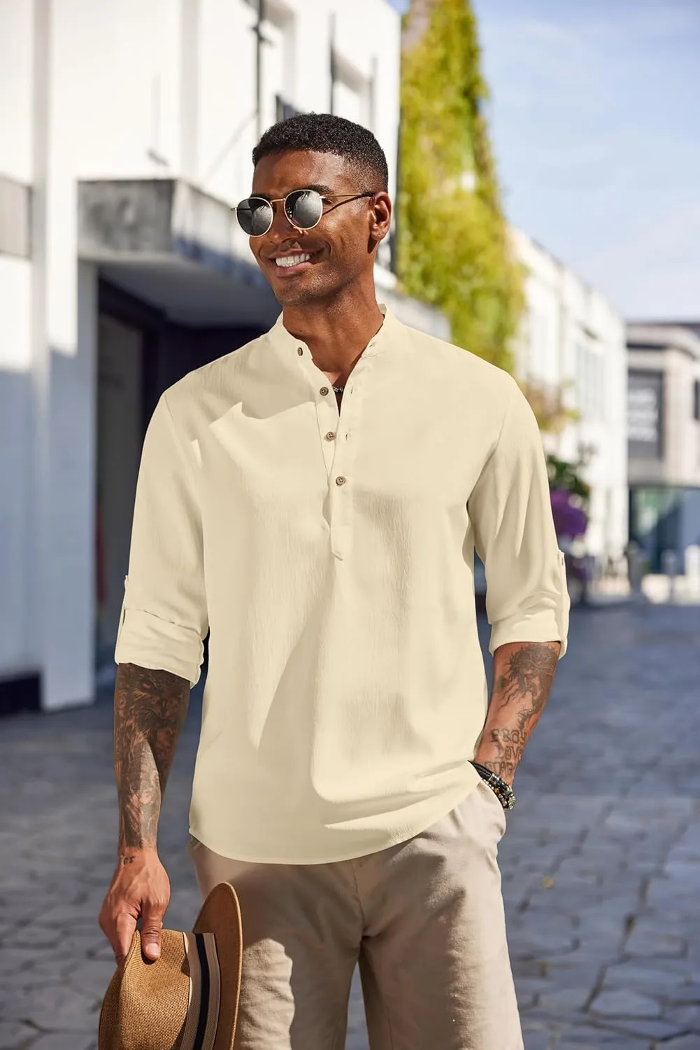 COOFANDY Men's Casual Henley Shirts Long Sleeve Band Collar Lightweight Beach Shirts Summer T-Shirts