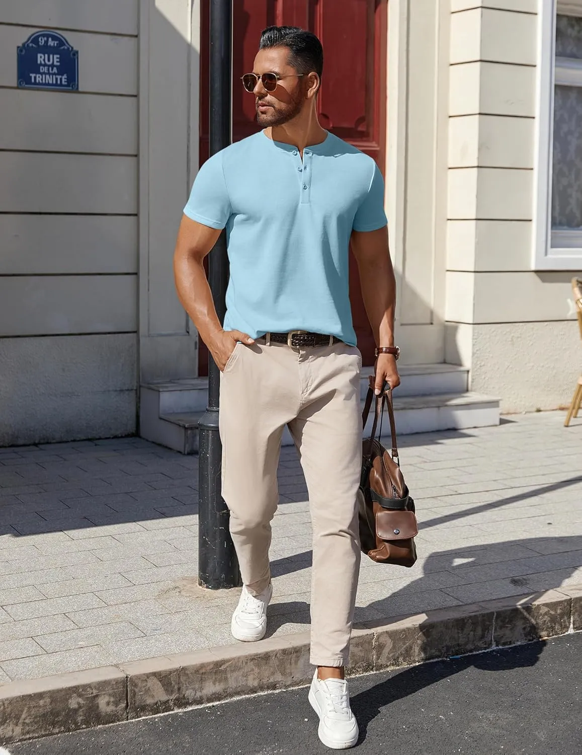 COOFANDY Mens Cotton Henley T-Shirts Short Sleeve Button Casual Basic Tees Work Shirts with Split Side